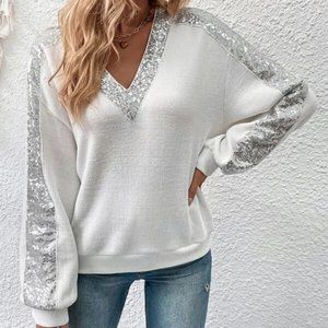 long Lantern Sleeved Sequin detailed v-neck casual Sweatshirt top